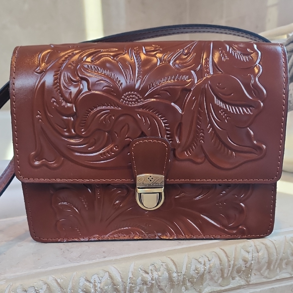 Patricia Nash Floral Embossed Brown Crossbody Bag